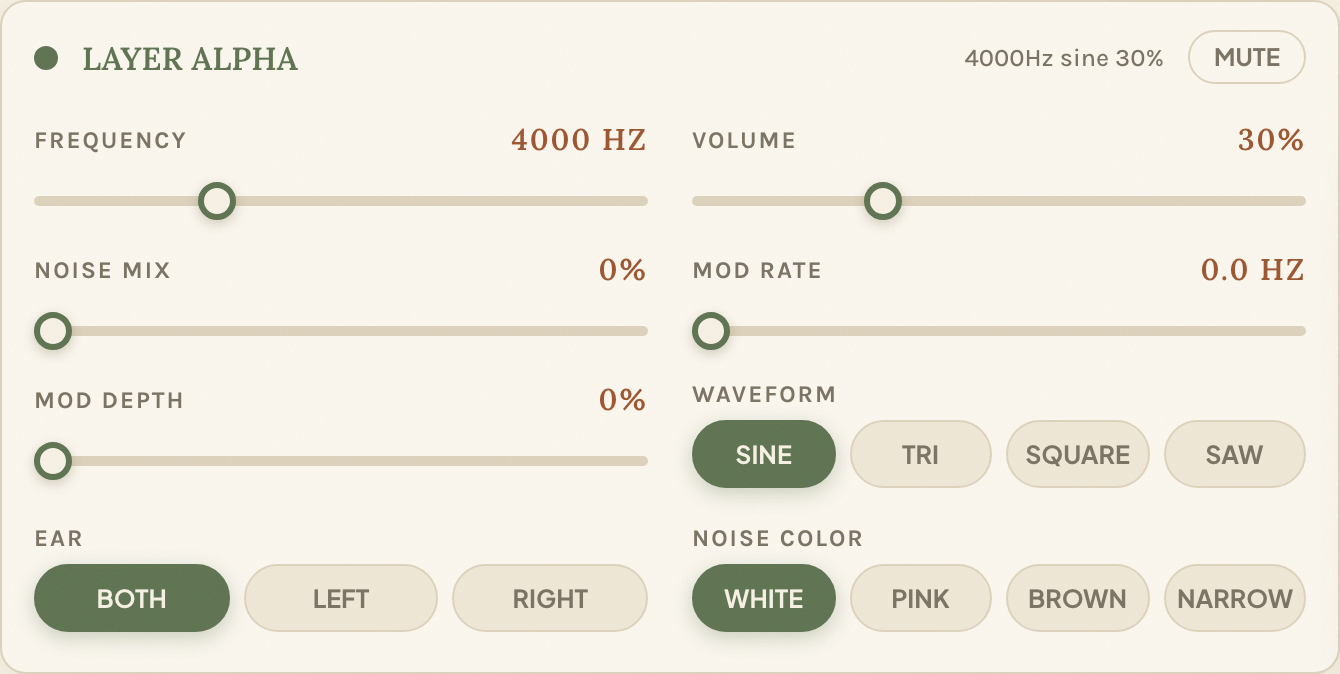 A signal layer with frequency, volume, waveform, noise and ear-placement controls