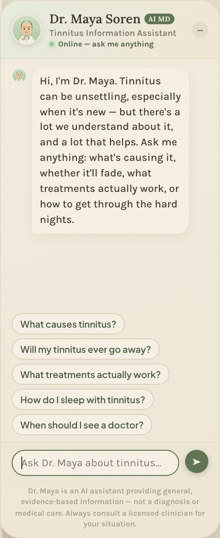 Dr. Maya, the AI tinnitus information assistant chat panel