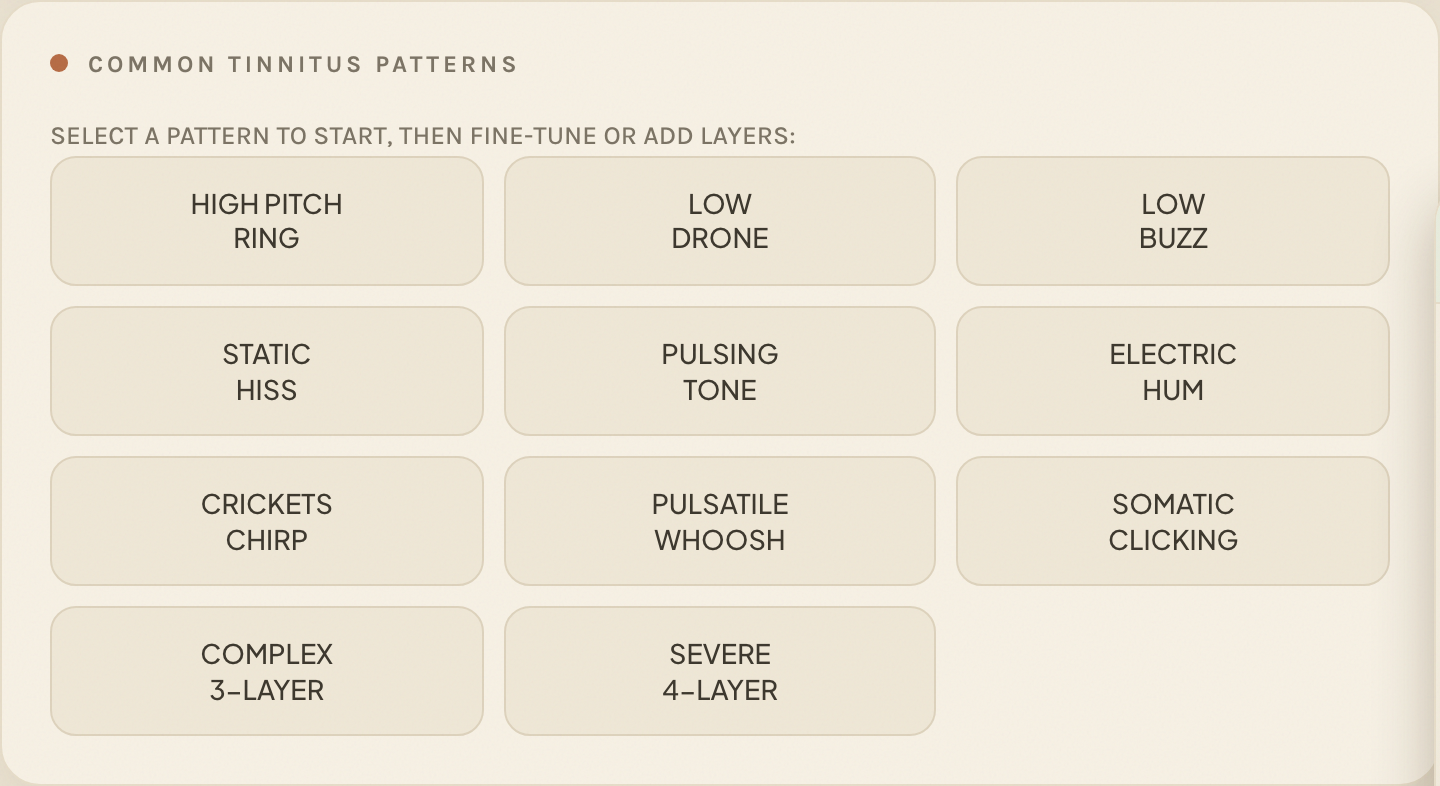Grid of common tinnitus pattern presets