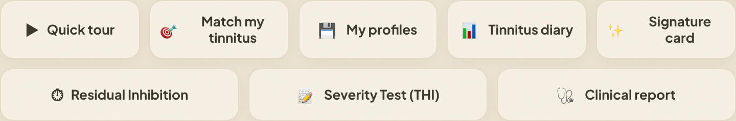 TinSim tools: match my tinnitus, profiles, diary, signature card, clinical report